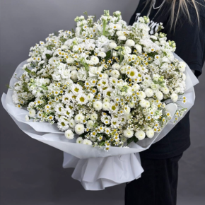 Букет "Эдем" из хризантем, маттиол и ромашек в Долгопрудном